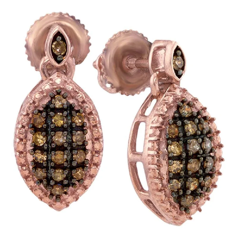 10k Rose Gold 1/3 Carat Round Brown Diamond Dangle Earrings for Women