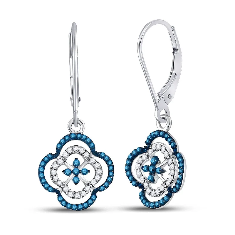 10k White Gold 1/3 Carat Round Blue Color Enhanced Diamond Quatrefoil Dangle Earrings for Women