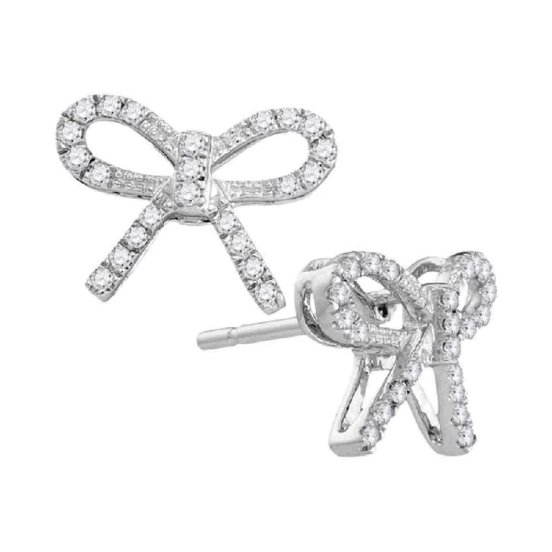 10k White Gold 1/5 Carat Round Diamond Ribbon Bow Fashion Earrings for Women