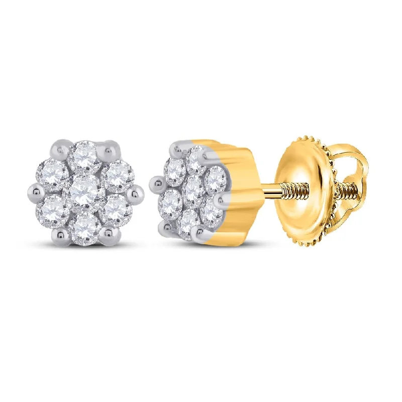 10k Yellow Gold 1/6 Carat Round Diamond Flower Cluster Earrings for Women