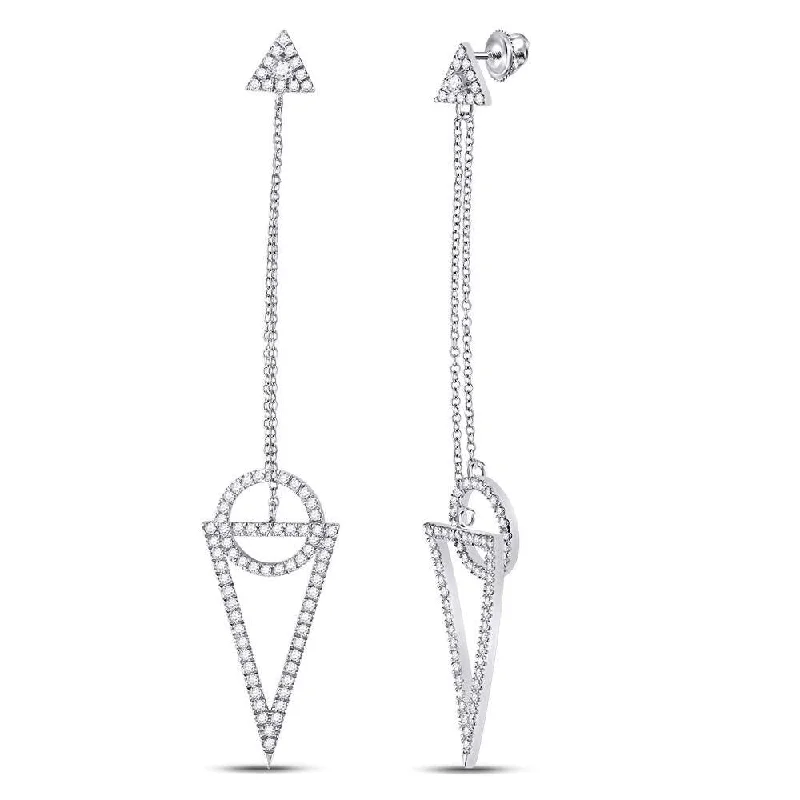 14k White Gold 3/4 Carat Round Diamond Circle Triangle Dangle Earrings for Women