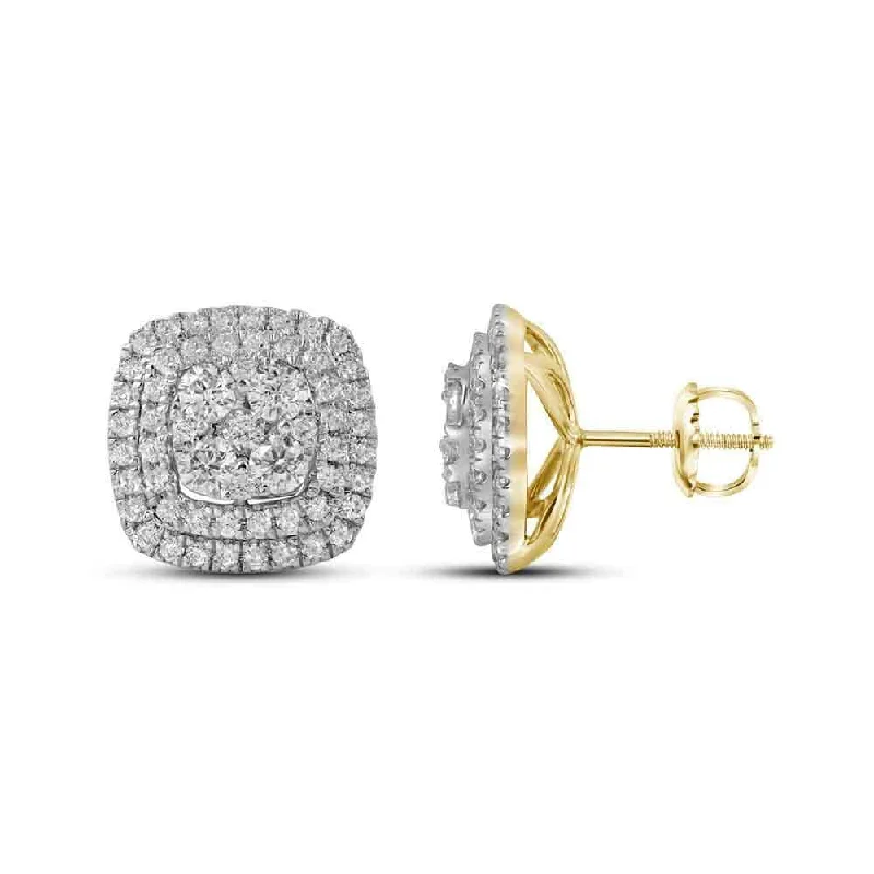 14k Yellow Gold 1 1/2 Carat Round Diamond Double Square Frame Cluster Earrings for Women