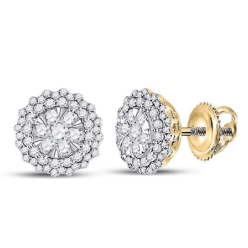 14k Yellow Gold 1 Carat Round Diamond Halo Cluster Earrings for Women