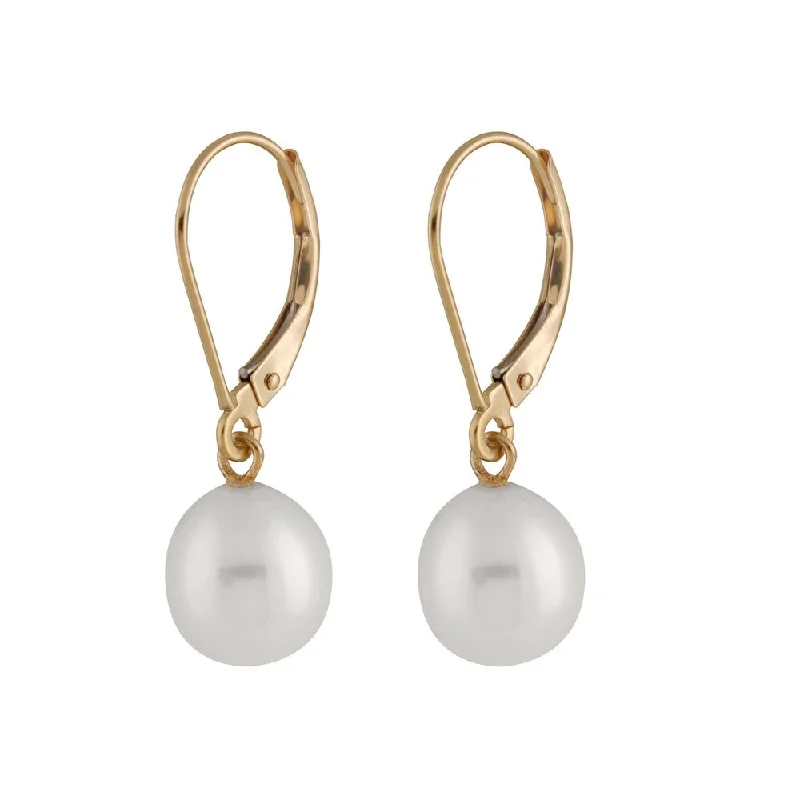 14k Yellow Gold Dangling Gold Leverback Pearl Earrings (7-8mm)