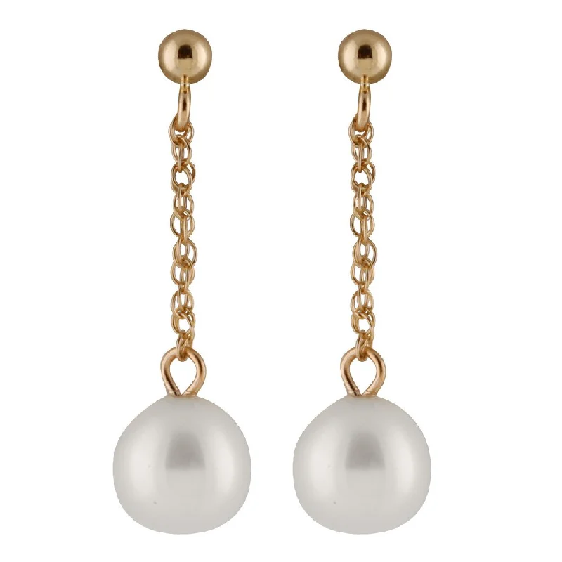 14k Yellow Gold Freshwater AAA Pearl Dangling Gold Ball Earrings (7-8mm) - White