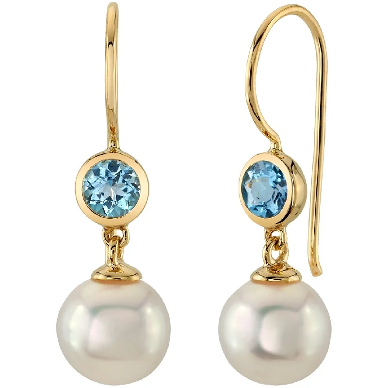 14k Yellow Gold Freshwater Pearl and Topaz Birthstone Drop Earrings