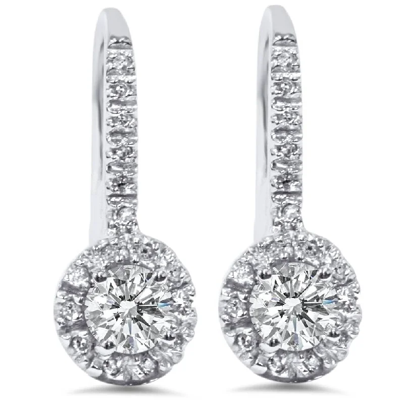 1ct Pave Halo Dangle Earrings White Gold