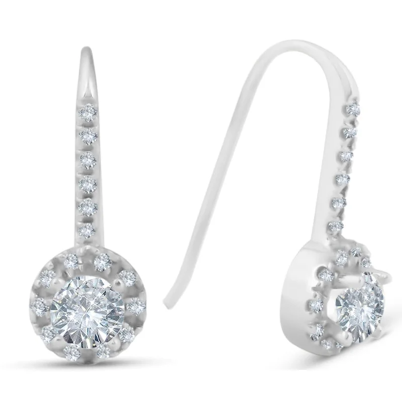 1ct Pave Halo Dangle Earrings White Gold