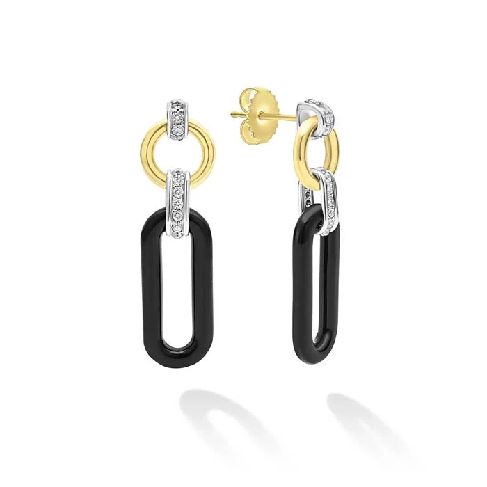 LAGOS Black Ceramic Diamond Link Drop Earrings in 18K Yellow Gold and Sterling Silver