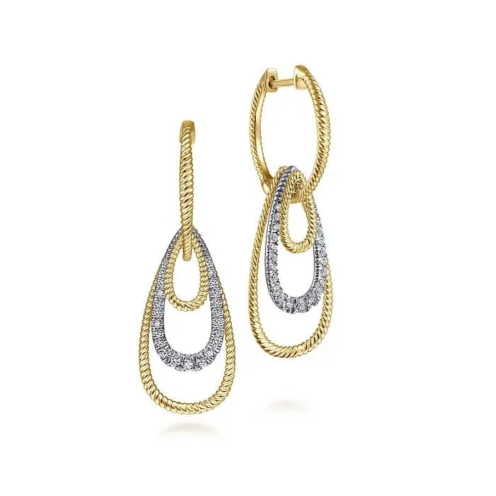 Gabriel & Co. Hampton Diamond Huggie Earrings with Graduated Teardrops in 14K Yellow and White Gold