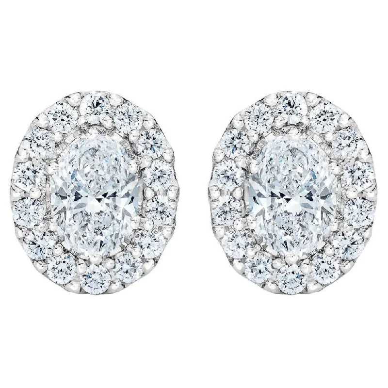 3/4Ct Oval Diamond Halo Earrings in White or Yellow Gold Lab Grown