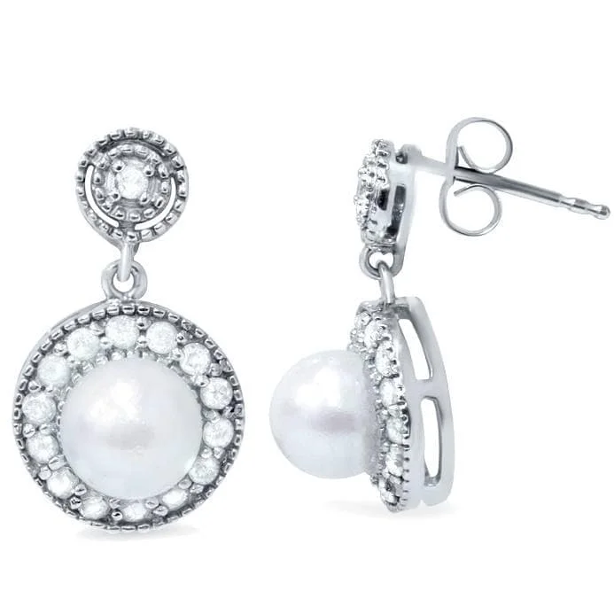 3/8ct Diamond & Pearl Vintage Gatsby Style Earrings White Gold