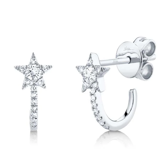 Shy Creation Diamond Star Huggie Earrings in 14K White Gold