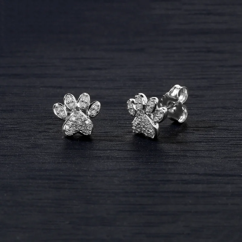 Certified 10k White Gold Round Diamond Dog Paw Print Earrings - White H-I - White H-I