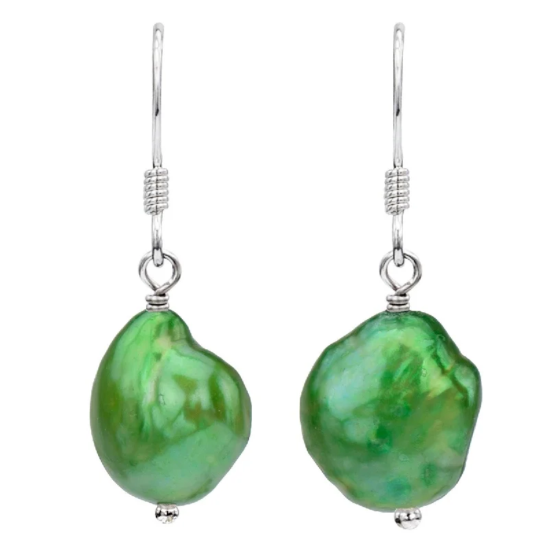 DaVonna Silver Green Baroque FW Pearl Drop Earrings (9-10 mm)