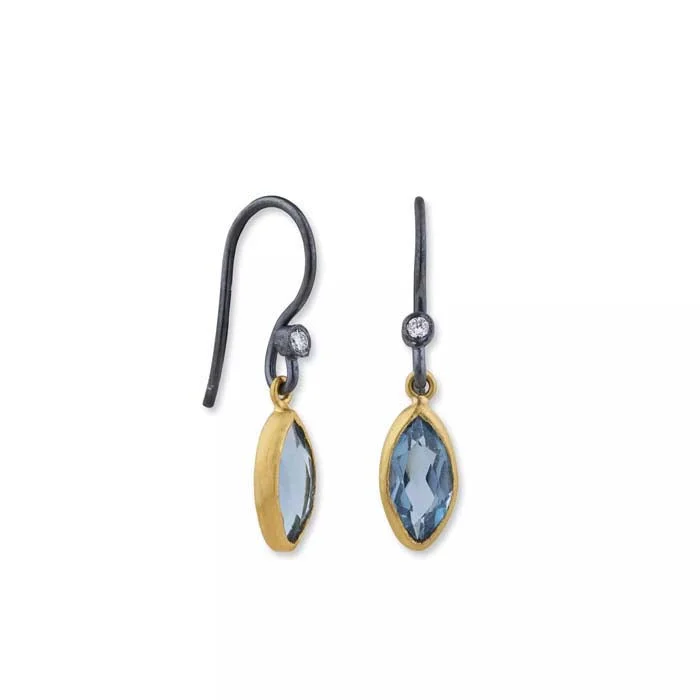 Lika Behar Thames London Blue Topaz Earrings with Diamonds in Oxidized Sterling Silver and 22K Yellow Gold