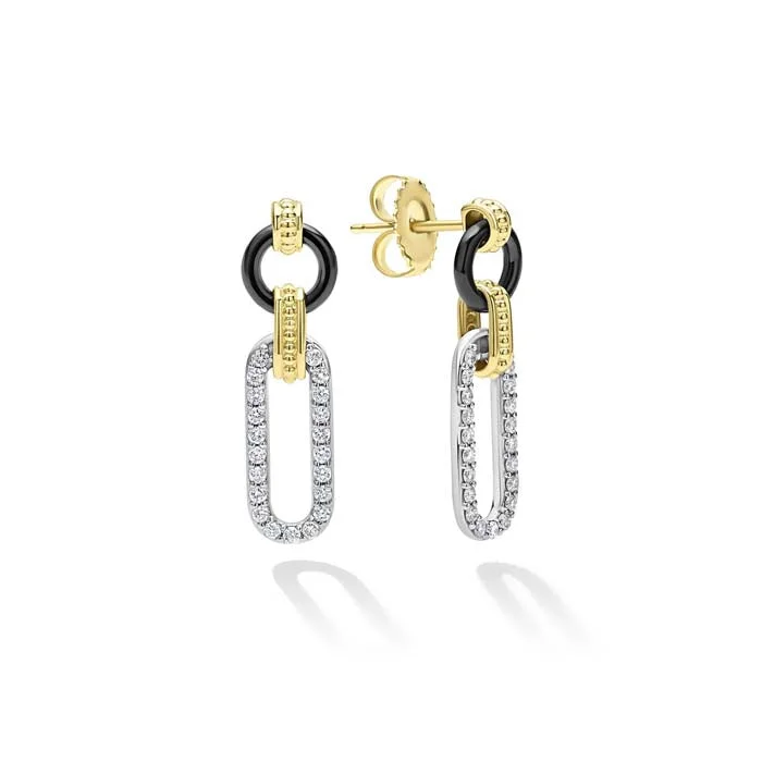 LAGOS Small Black Ceramic Diamond Link Drop Earrings in 18K Yellow Gold and Sterling Silver