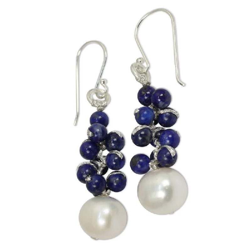 Handmade Sterling Silver 'Blue Sonata' Lapis Pearl Earrings (9 mm) (Thailand) - 1.8L*0.4W