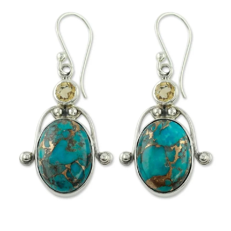 Handmade Sterling Silver Goddess Citrine and Turquoise Dangling Style Multi Stone Earrings (India)