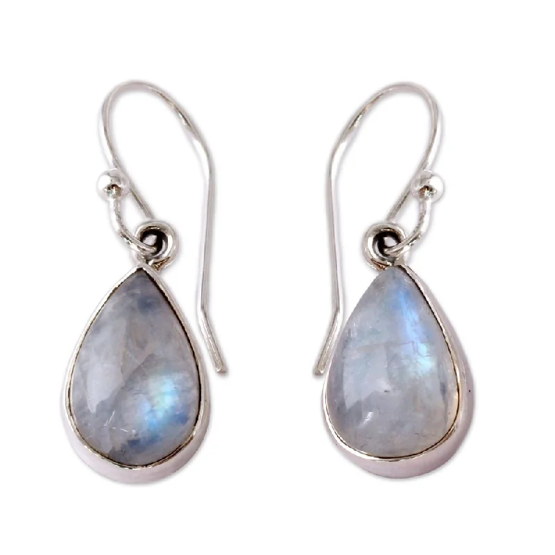 Handmade Sterling Silver Luminous Light Moonstone Dangling Earrings (India)