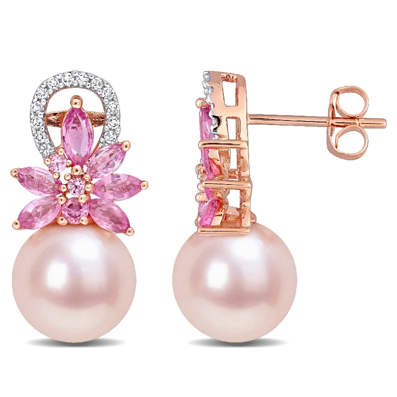 Miadora 1/8 CT Diamond Sapphire Pink Freshwater Cultured Pearl Earrings 14k Pink Gold