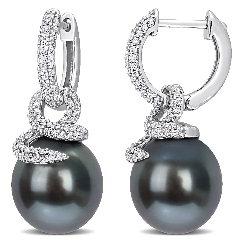 Miadora 10-11mm Black Tahitian Cultured Pearl and 1/2 CT TW Diamond Twisted Huggie Earrings in 14k White Gold