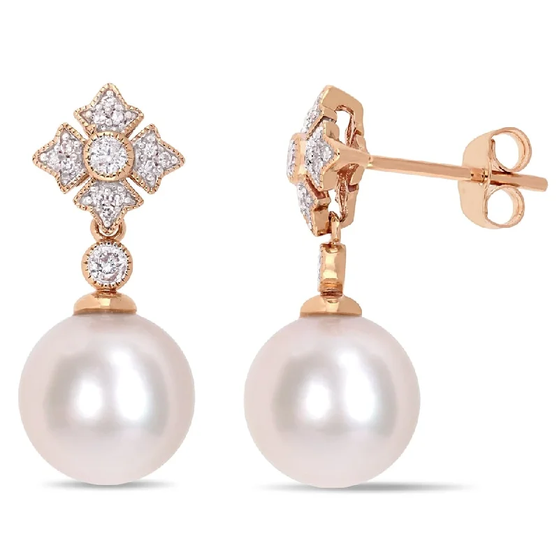 Miadora 10k Rose Gold Cultured Freshwater Pearl 1/5ct TDW Diamond Earrings (9.5-10mm)