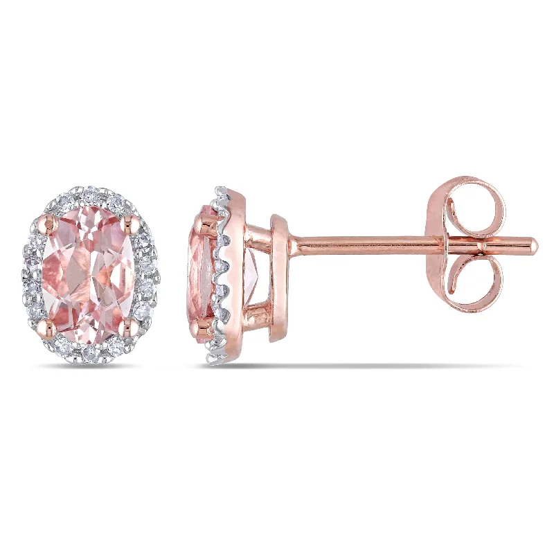 Miadora 10k Rose Gold Oval-cut Morganite and 1/10ct TDW Diamond Halo Earrings