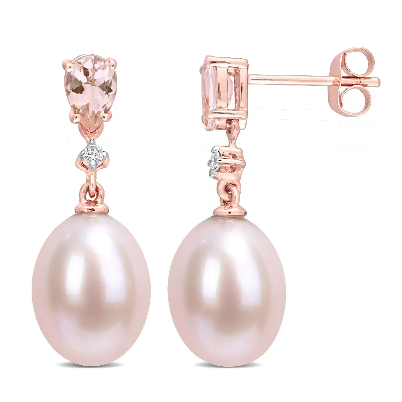 Miadora 10k Rose Gold Pink Cultured FW Pearl, Morganite and Diamond Accent Drop Earrings (9-9.5mm)