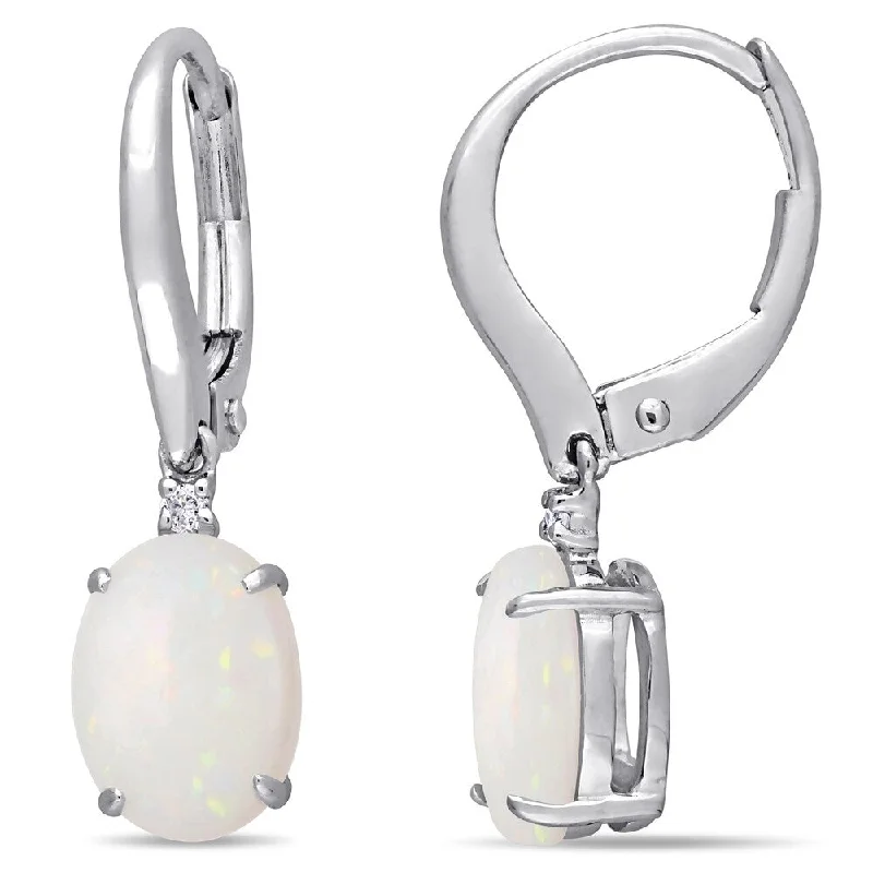 Miadora 10k White Gold Oval-Cut Opal and Diamond Leverback Earrings