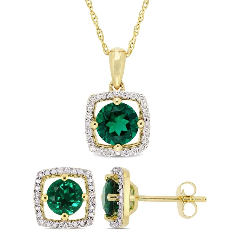 Miadora 10k Yellow Gold Created Emerald and 1/6ct TDW Diamond Floating Halo Jewelry Set