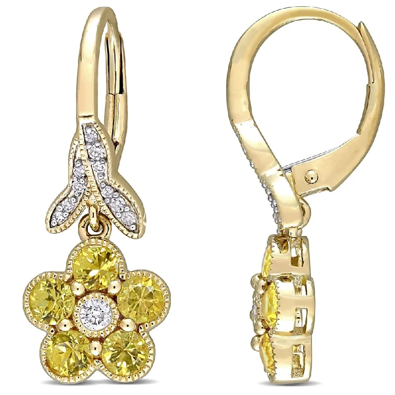 Miadora 10k Yellow Gold Yellow Sapphire and 1/7ct TDW Diamond Flower Drop Earrings