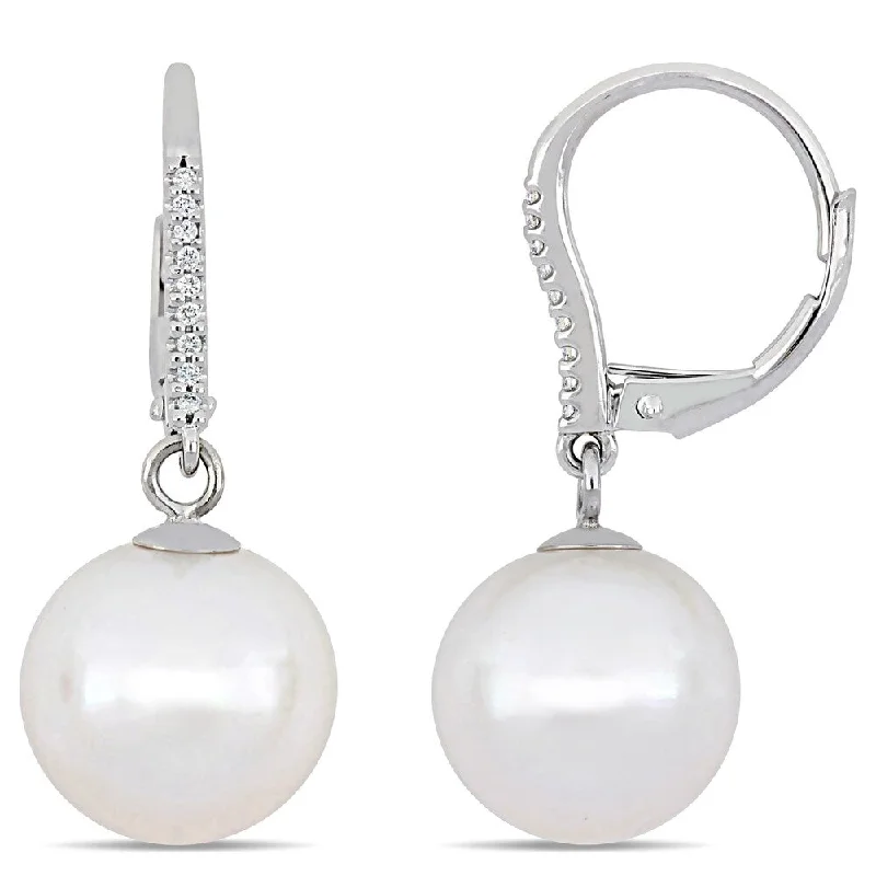 Miadora 14k White Gold Cultured Freshwater Pearl and Diamond Drop Leverback Earrings (11-12mm)