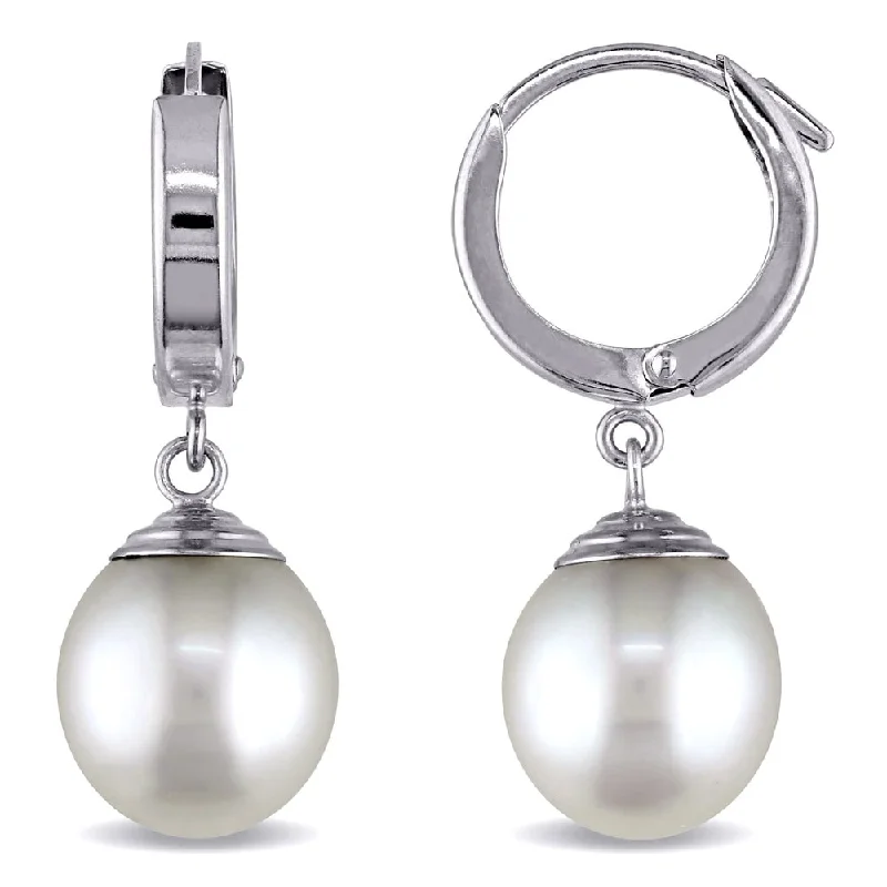 Miadora 14k White Gold South Sea White Pearl Dangle Earrings (9-10 mm)