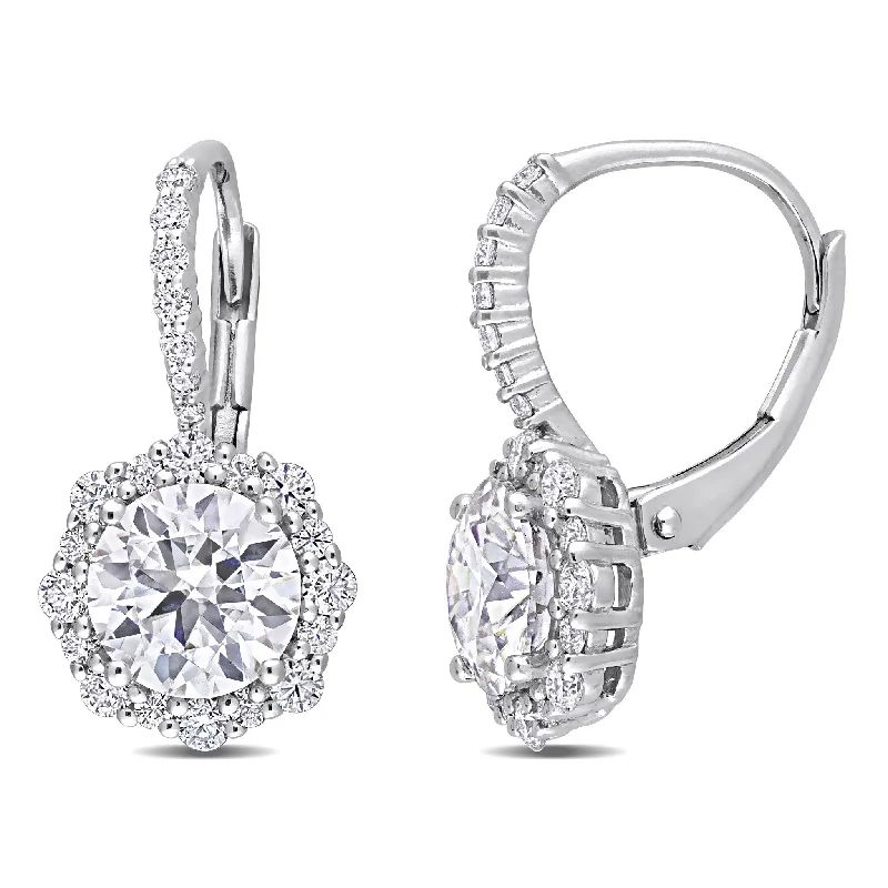 Miadora 3 1/6ct DEW Created Moissanite Floral Halo Leverback Earrings in Sterling Silver