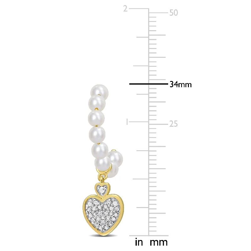 Miadora 4mm Cultured Freshwater Pearl Diamond Accent Heart Earrings 10k Yellow Gold