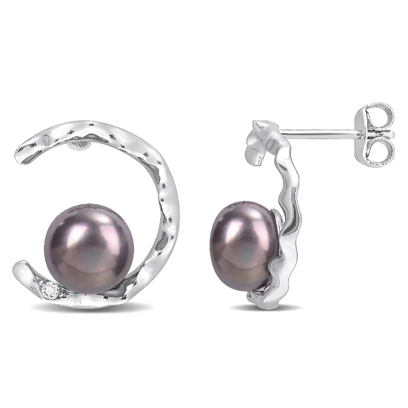 Miadora 7.5-8mm Black Cultured Freshwater Pearl and White Topaz Open Wave Earrings in Sterling Silver