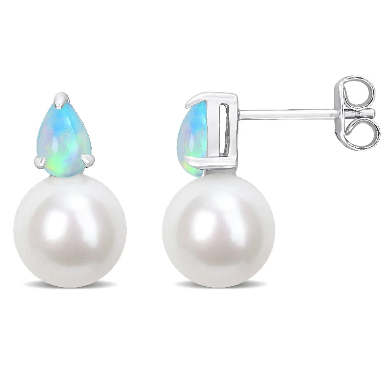 Miadora 7/8ct TGW Ethiopian Opal and 8.5-9mm Cultured Freshwater Pearl Earrings in Sterling Silver - 15.5 mm x 8.6 mm x 8.6 mm