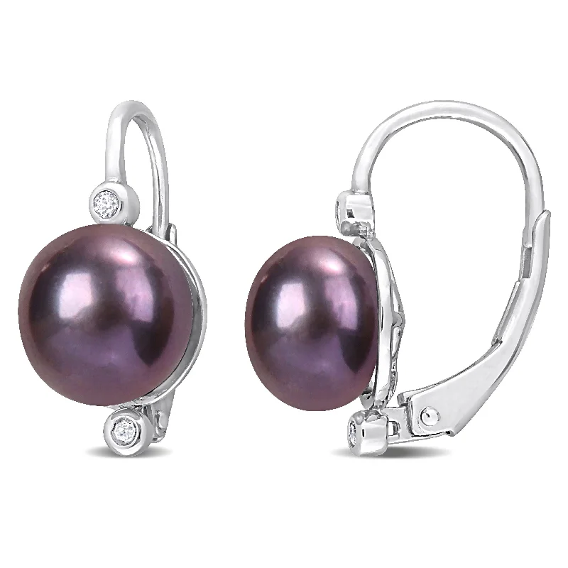 Miadora 8-8.5mm Black Cultured Freshwater Pearl Diamond Accent Earrings Sterling Silver