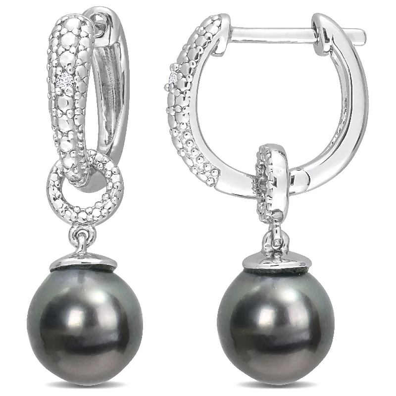 Miadora 8-8.5mm Black Tahitian Cultured Pearl and Diamond Accent Drop Huggie Earrings in Sterling Silver