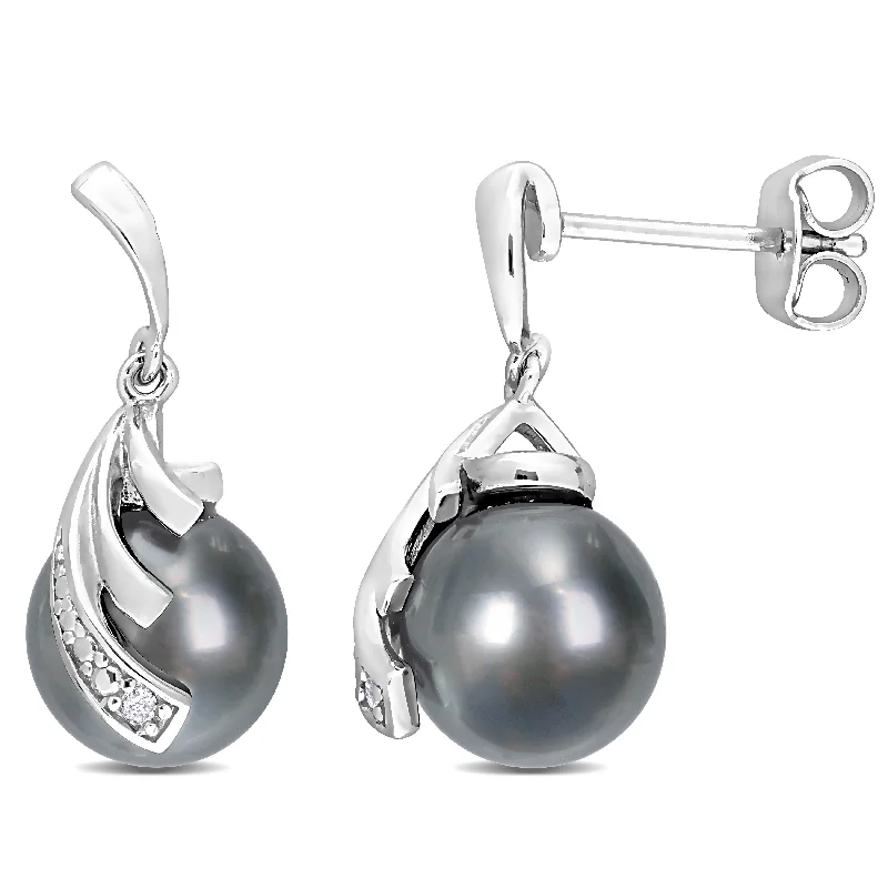 Miadora 8-9mm Black Tahitian Cultured Pearl Diamond Accent Feather Earrings Sterling Silver