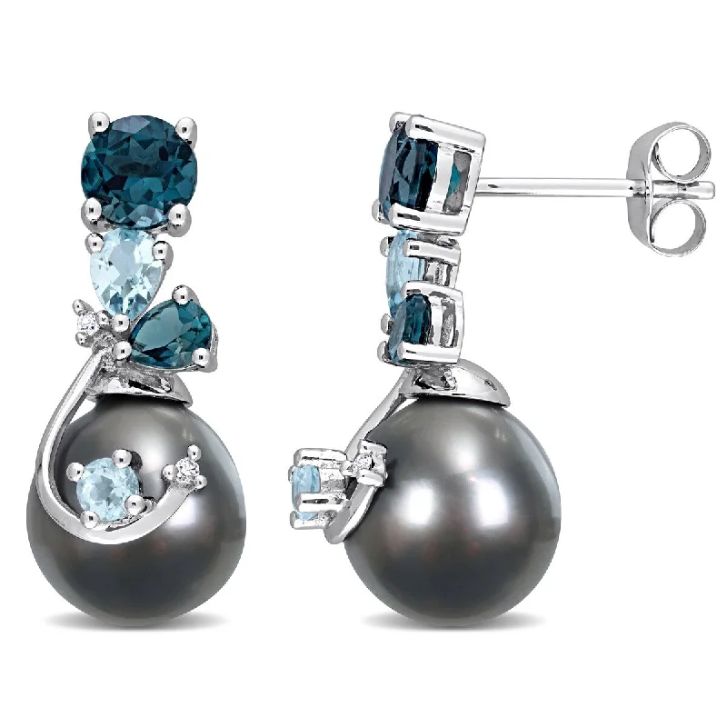 Miadora 9-10mm Black Tahitian Cultured Pearl 2ct TGW London Sky Blue Topaz Diamond Accent Earrings in 14k White Gold