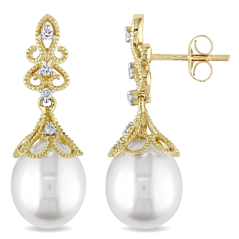 Miadora 9-9.5 mm Cultured Freshwater Pearl and 1/10 CT TW Diamond Vintage Drop Earrings in 14k Yellow Gold