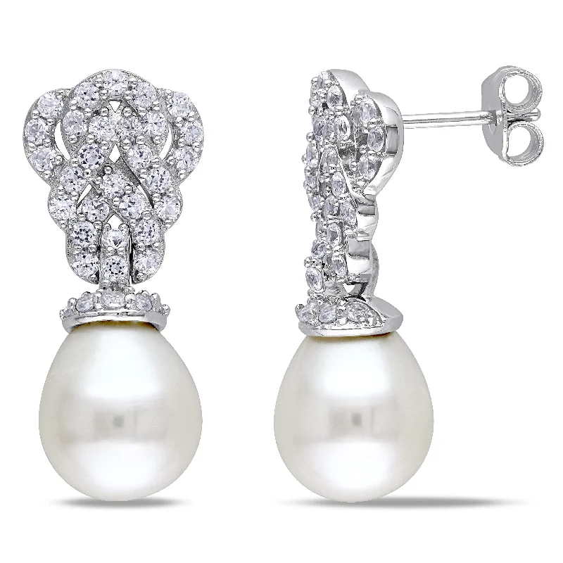 Miadora 9-9.5 mm White Cultured Freshwater Pearl Earrings with Created White Sapphire in Sterling Silver