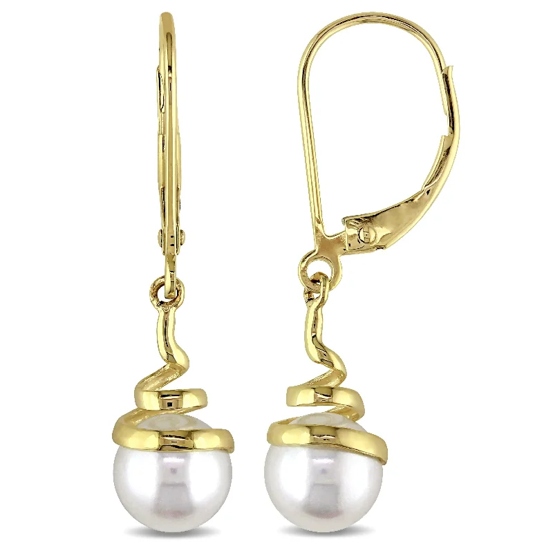 Miadora Cultured Freshwater Pearl Spiral Leverback Earrings in 10k Yellow Gold