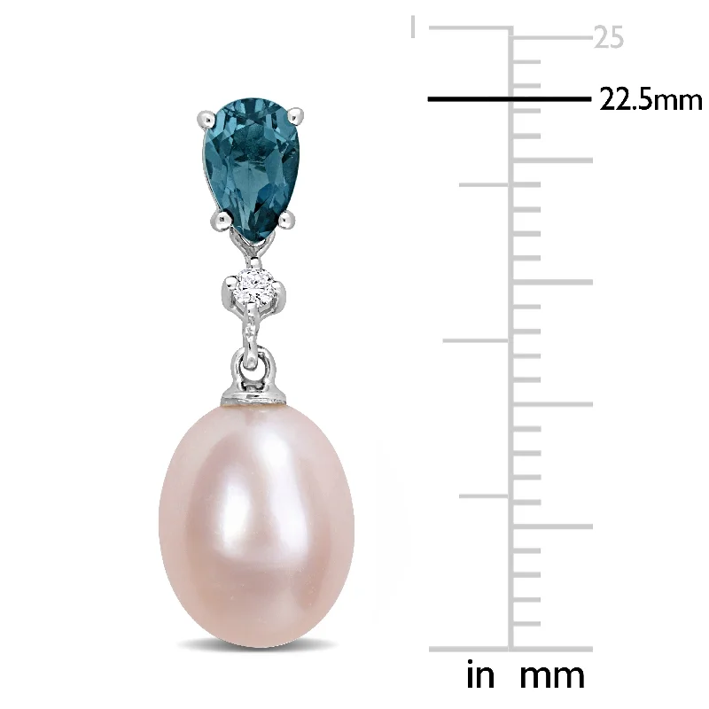 Miadora Cultured Freshwater Pink Pearl 1ct TGW Blue Topaz Diamond Accent Earrings 10k White Gold