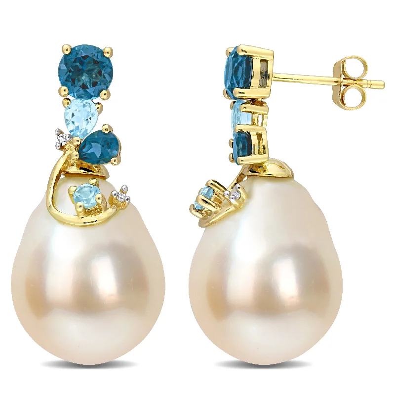 Miadora Pearl, Sky Blue Topaz, London Blue Topaz & Diamond Accent Earrings in 14k Yellow Gold