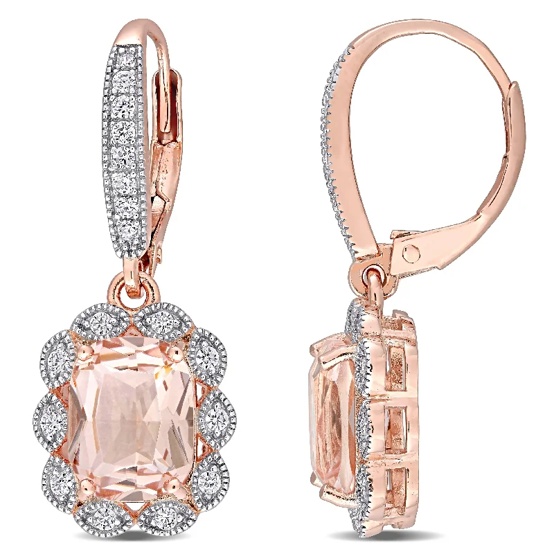 Miadora Rose Plated Sterling Silver Simulated Morganite & Cubic Zirconia Halo Leverback Earrings - 10.7mm x 11mm - 10.7mm x 11mm