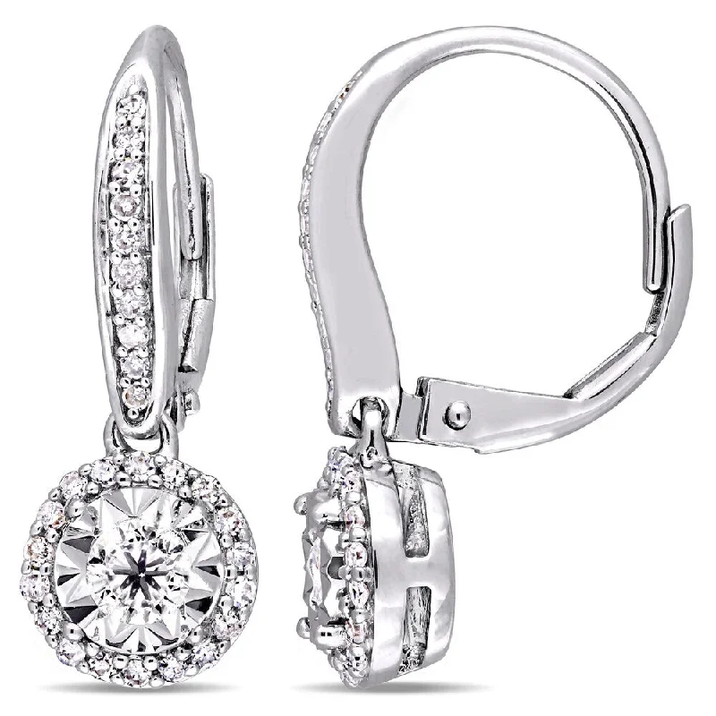 Miadora Signature Collection Sterling Silver 1/2ct TDW Diamond Round Halo Leverback Earrings - White