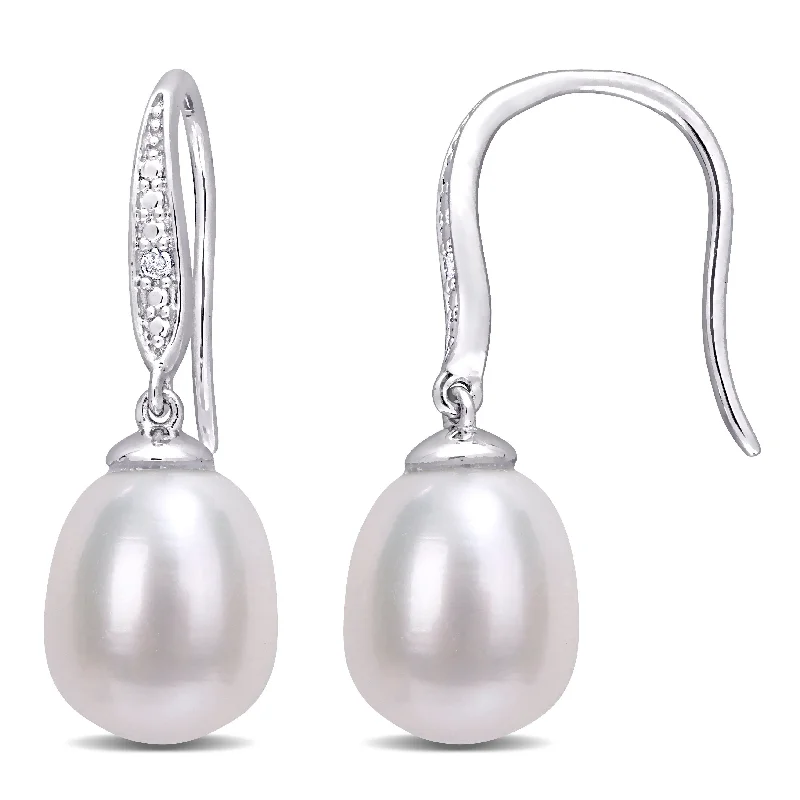 Miadora Sterling Silver Cultured Freshwater Pearl and Diamond Accent Drop Earrings (8.5-9mm)